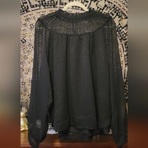 LOFT Black Polka Dot Shirred Ruffle Neck Blouse